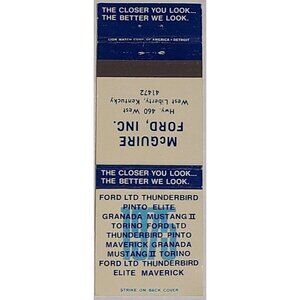Vintage Matchbook Cover McGuire Ford Inc West Liberty Kentucky KY
